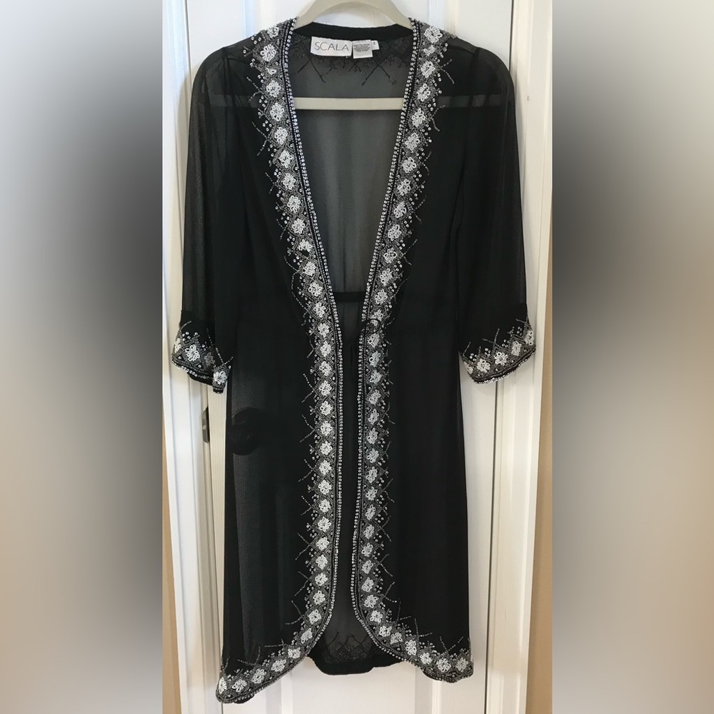 SCALA Vintage Lingerie Black Beaded Tie Robe, Jacket, Duster in a Size 6